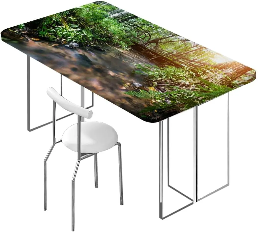 Green Grey Brown Fitted Table Cover for Square Tables Waterfall in Deep Forest Scenery Tablecloth ?Suitable for Camping Party and Picnic Landscape Fits up 4 Foot Tables