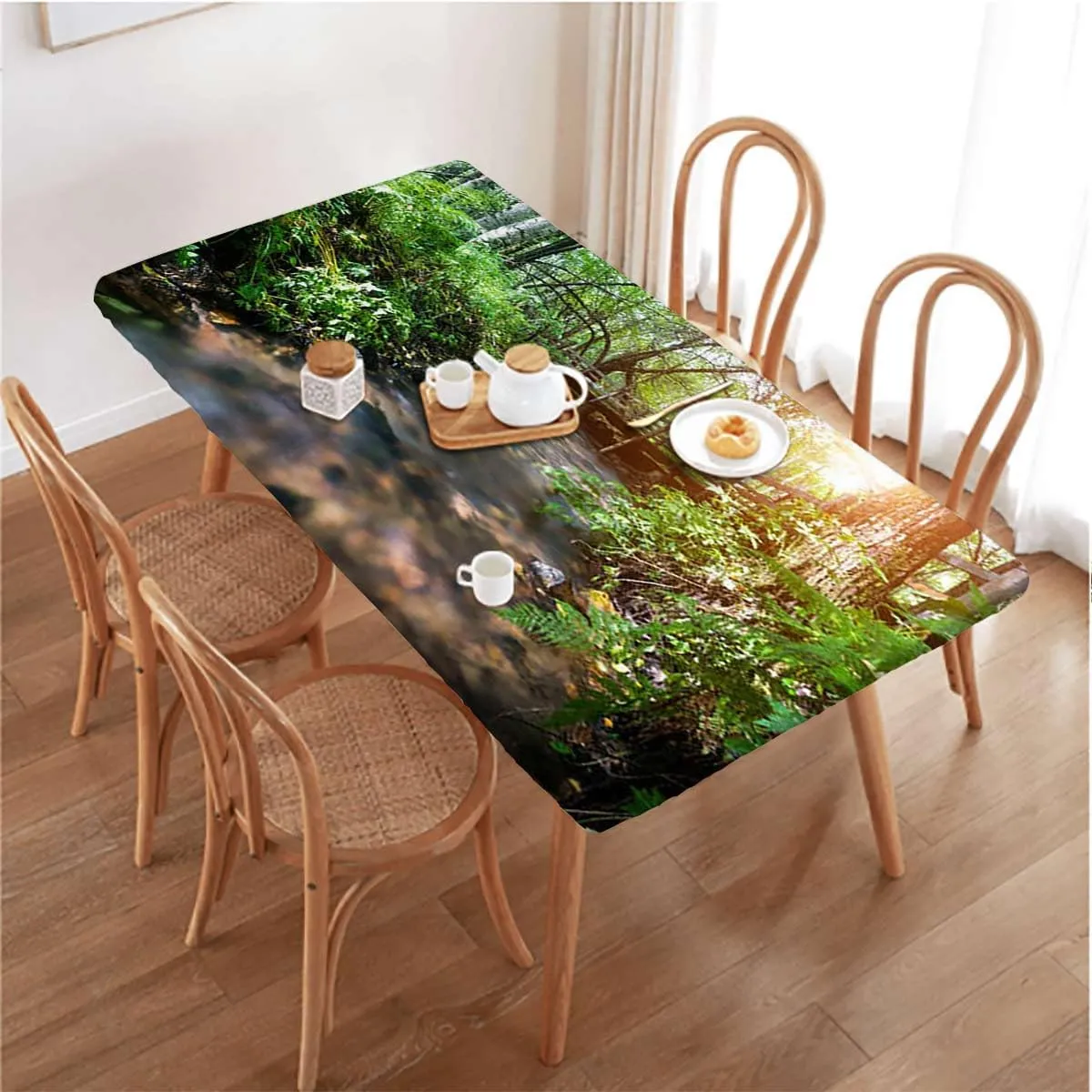 Green Grey Brown Fitted Table Cover for Square Tables Waterfall in Deep Forest Scenery Tablecloth ?Suitable for Camping Party and Picnic Landscape Fits up 4 Foot Tables