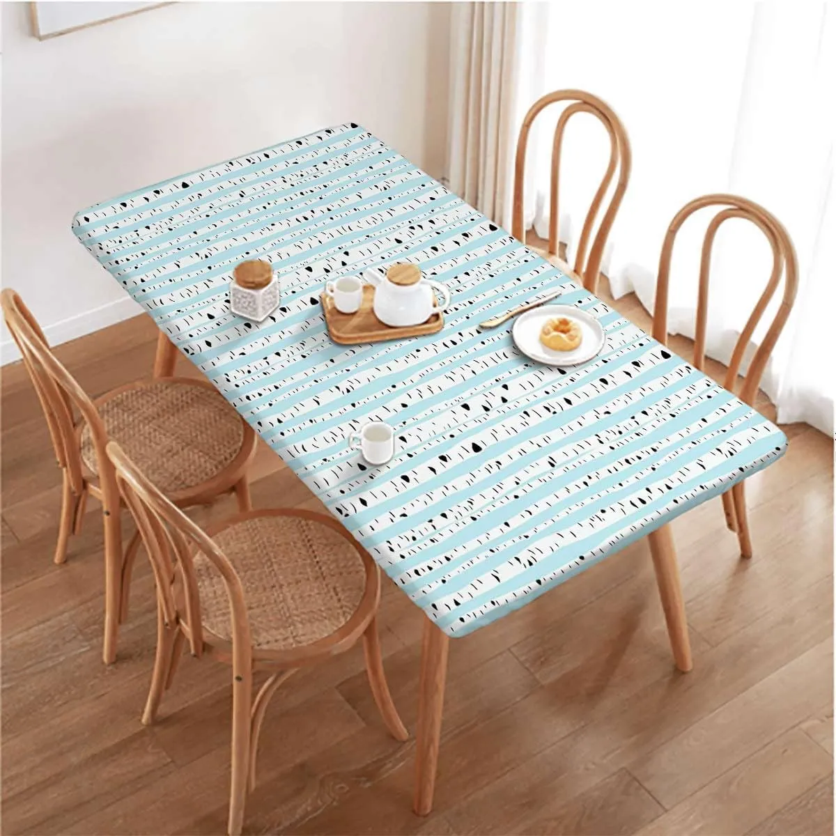 Green Grey Rectangular Table Covers, Dense Tree Formation White Fall Birch Trees Polyester Fitted Waterproof Outdoor Tablecloth Protector with Elastic Forest Fits up 4 Foot Tables