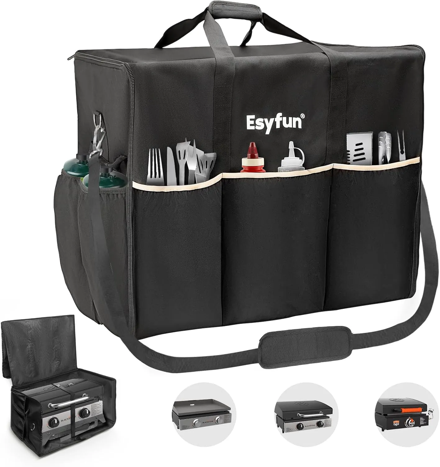 Griddle Carry Bag for Blackstone 22 inch Tabletop Griddle with Hood and Stand (1813/1666/1891), 1680D Heavy-Duty Water-Resistant Outdoor BBQ Griddle with Grill Cover Carrying Bag, Black