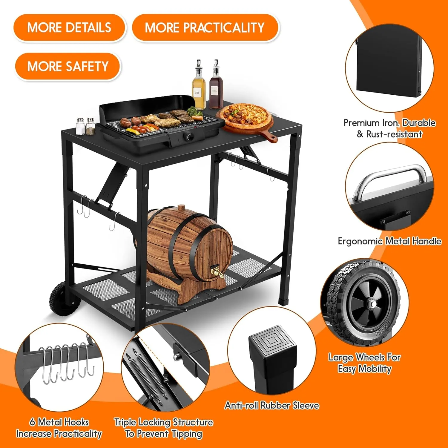 Grill Cart Outdoor with Wheels - Foldable Pizza Oven Stand Table, Portable Dining Cart Table for Outdoor, BBQ, Indoor, Kitchen(Black with Silver Handle)