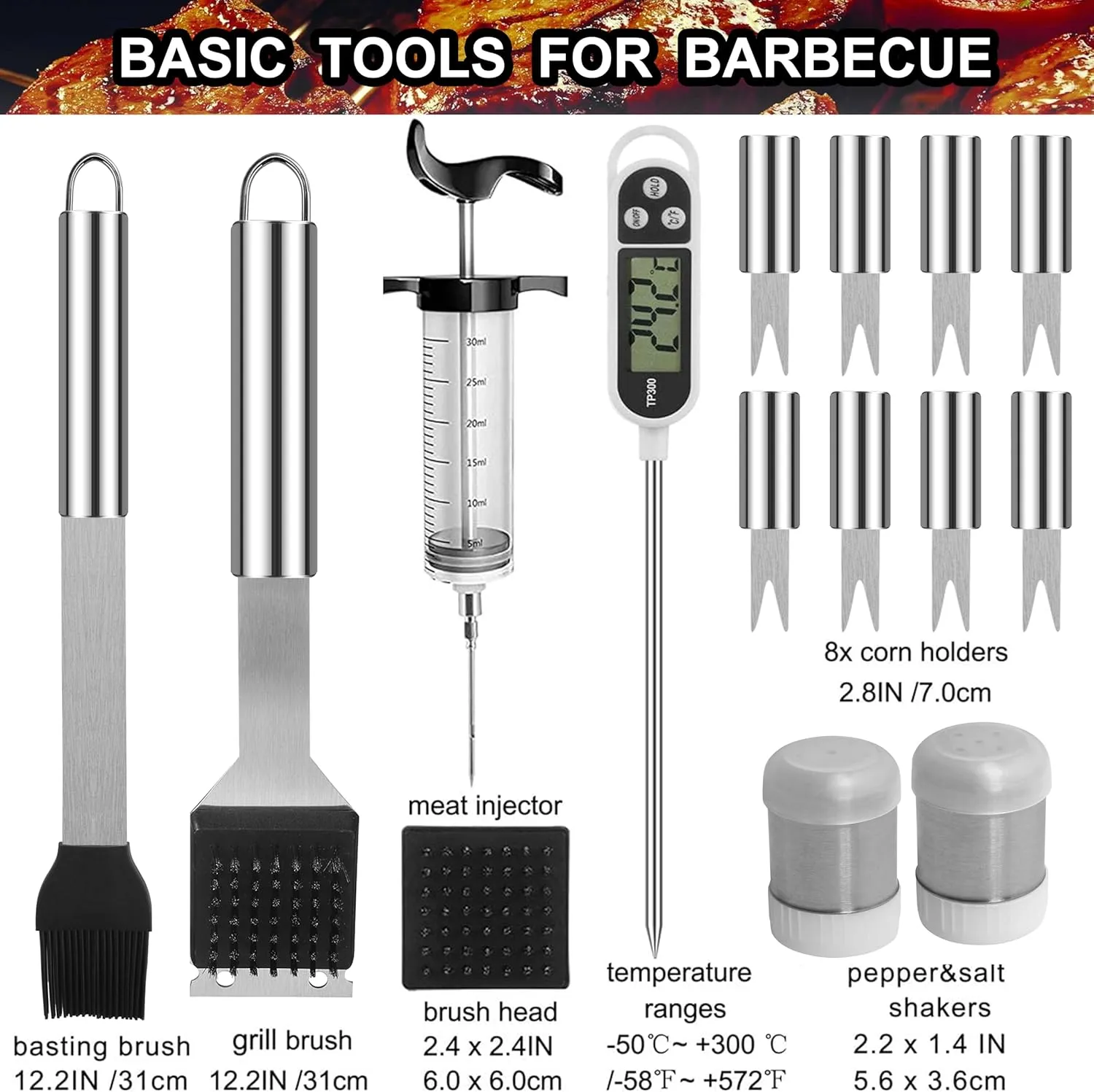 Grilljoy 24PCS BBQ Grill Tools Set with Meat Thermometer and Injector - Extra Thick Stainless Steel Fork, Spatula& Tongs - Complete BBQ Accessories in Aluminum Case - Perfect Grill Gifts for Men