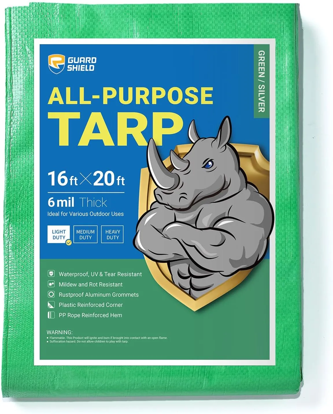GUARD SHIELD Green/Sliver Tarp 16x20 Feet Waterproof Tarps Lightweight Camping Tarp Outdoor Multi Purpose Poly Cover 6mil