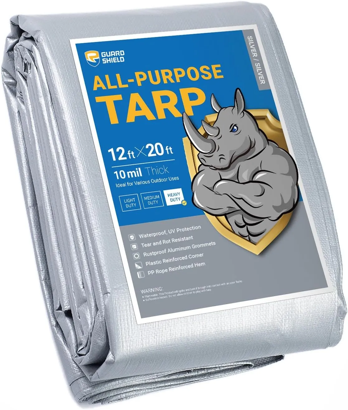 GUARD SHIELD Heavy Duty Tarp 12x20 Feet Silver Multi Purpose Thick Waterproof Poly Tarp Cover 10mil