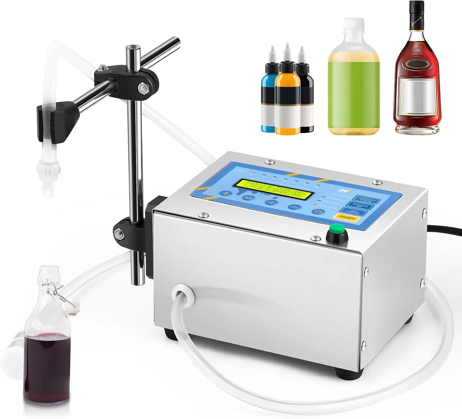 Hanchen Liquid Filling Machine 1-118 Ounce Bottle Filler Machine Automatic Liquid Dispenser Electric Digital Control Diaphragm Pump for Water Juice Cosmetic Oil Single Heads One Year Warranty 110~220V
