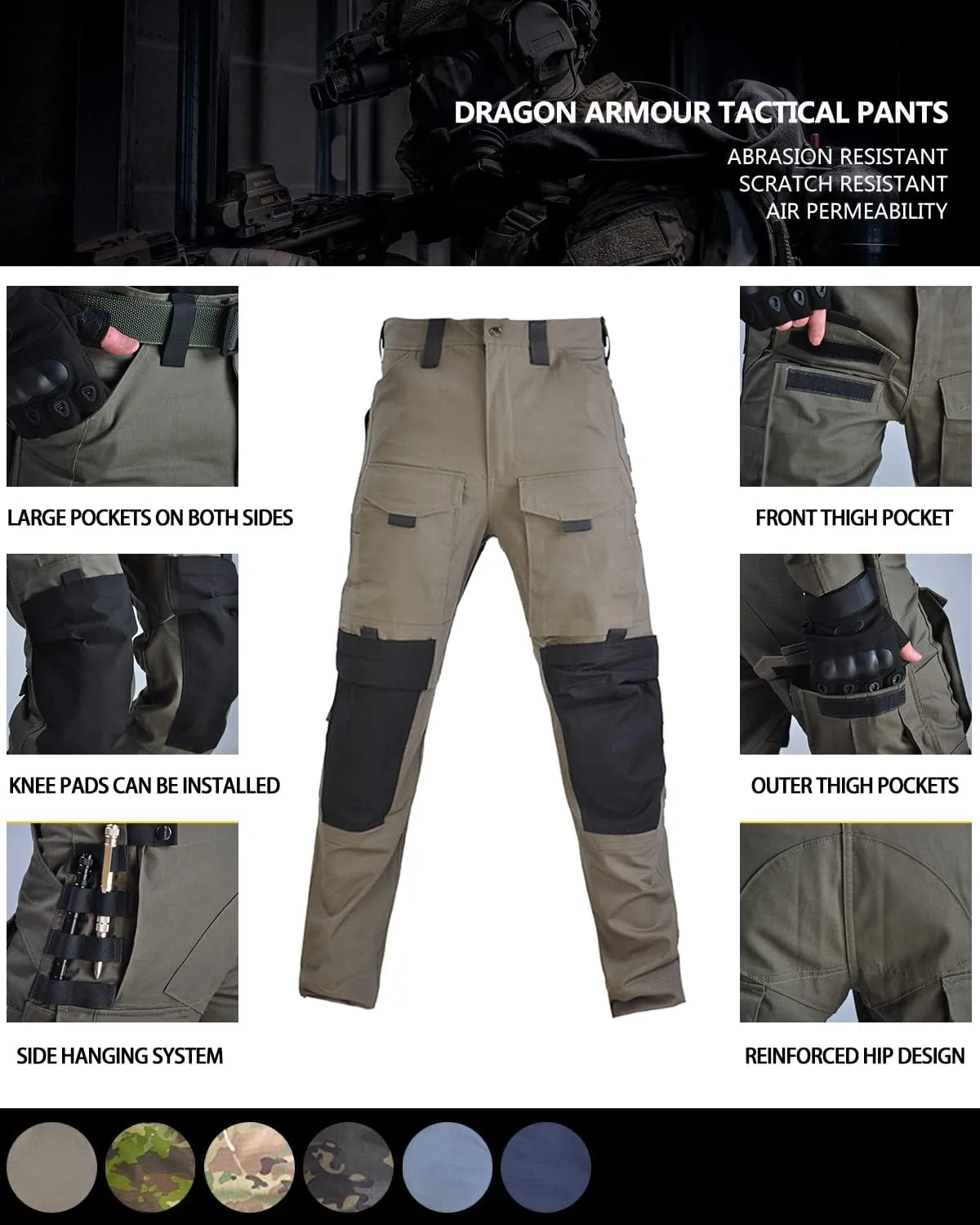 HAN·WILD Men's Combat Pants Tactical Military Pant with Knee Pads Airsoft Hiking Trousers