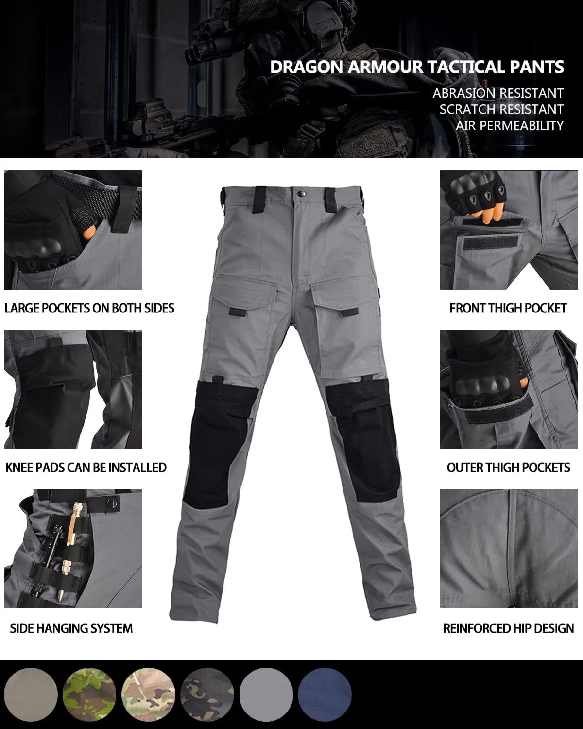 HAN·WILD Men's Combat Pants Tactical Military Pant with Knee Pads Airsoft Hiking Trousers