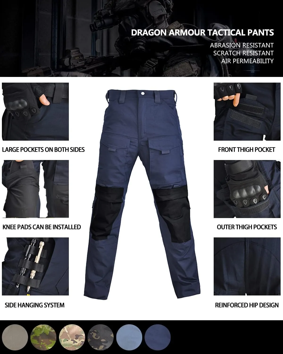 HAN·WILD Men's Combat Pants Tactical Military Pant with Knee Pads Airsoft Hiking Trousers