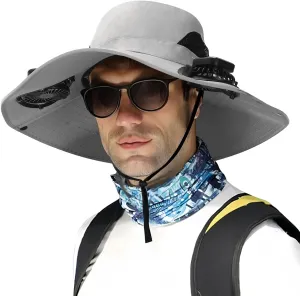 Hat with Fans Solar Power, Outdoor Wide Brim Sun Hat with 2 Solar Fan, Removable USB Charging Fan, Hiking Camping Fishing Hat
