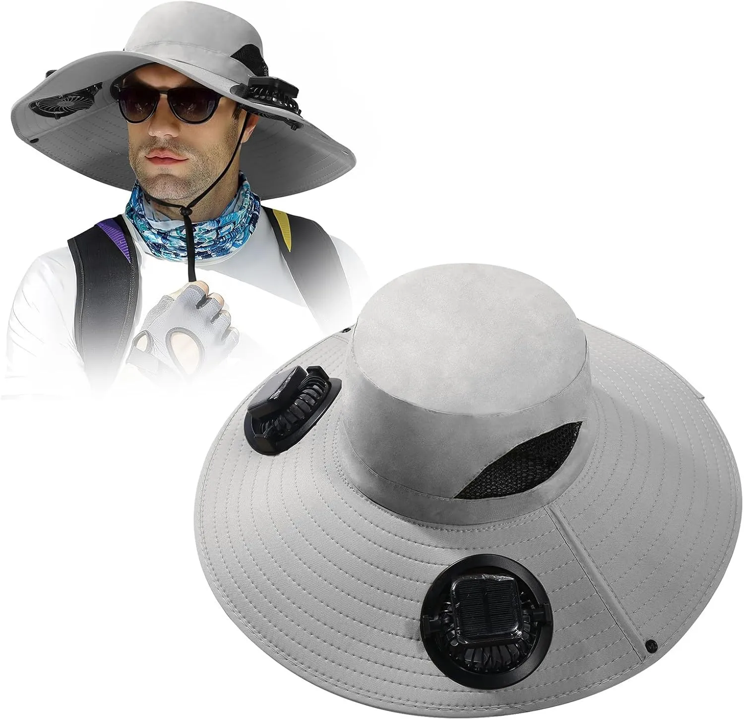 Hat with Fans Solar Power, Outdoor Wide Brim Sun Hat with 2 Solar Fan, Removable USB Charging Fan, Hiking Camping Fishing Hat
