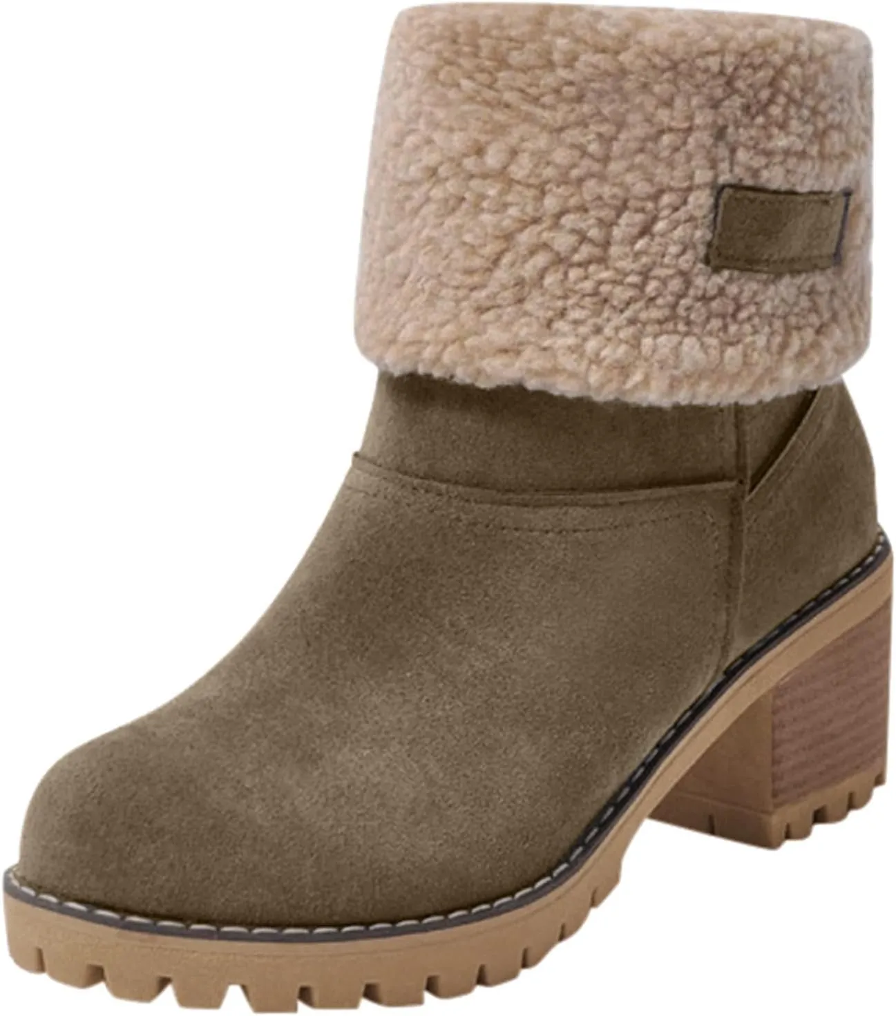 Hbeylia Dotmalls Boots for Women Fleece Lined Mid Calf Boots Chunky Block Heels Comfortable Slip On Warm Snow Ankle Boots Fashion Suede Winter Outdoor Winter Boots Shoes