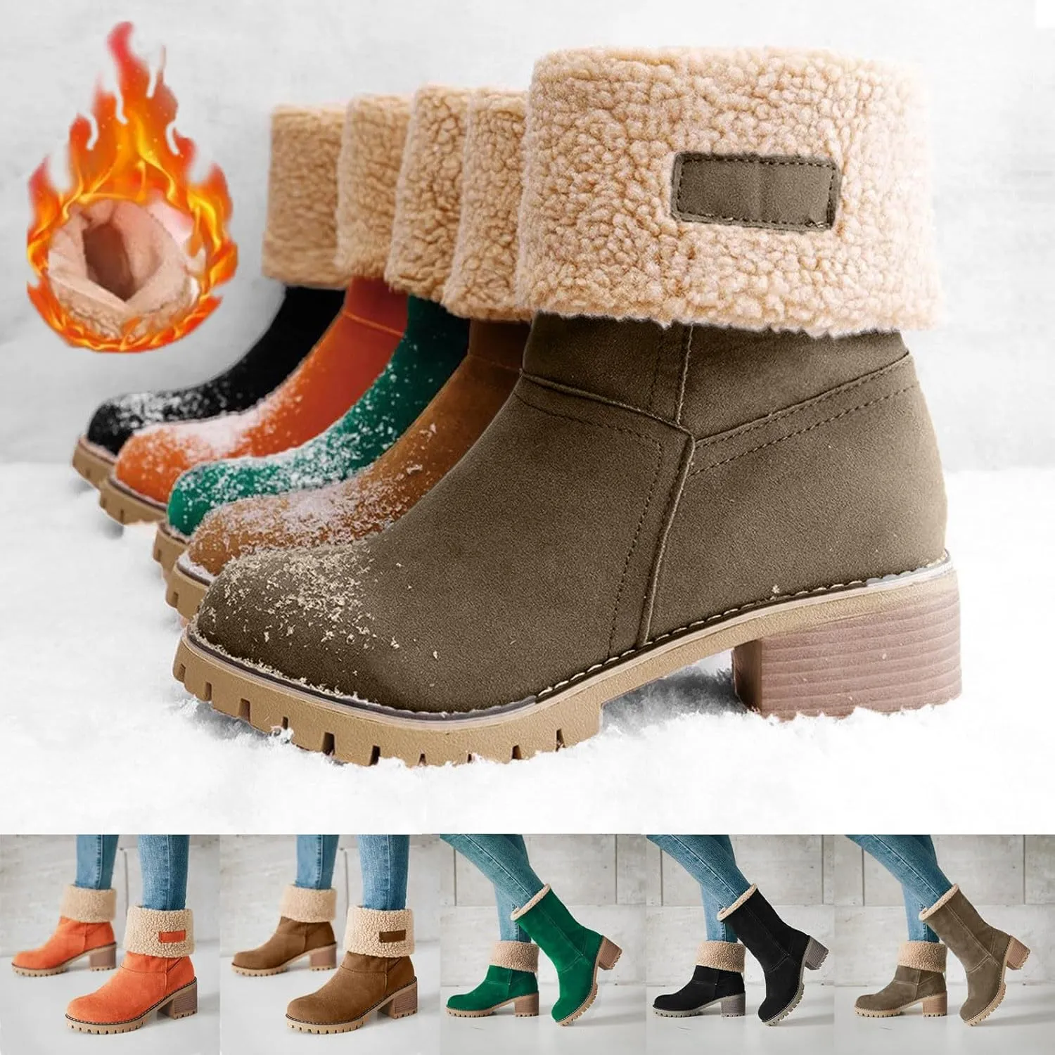 Hbeylia Dotmalls Boots for Women Fleece Lined Mid Calf Boots Chunky Block Heels Comfortable Slip On Warm Snow Ankle Boots Fashion Suede Winter Outdoor Winter Boots Shoes