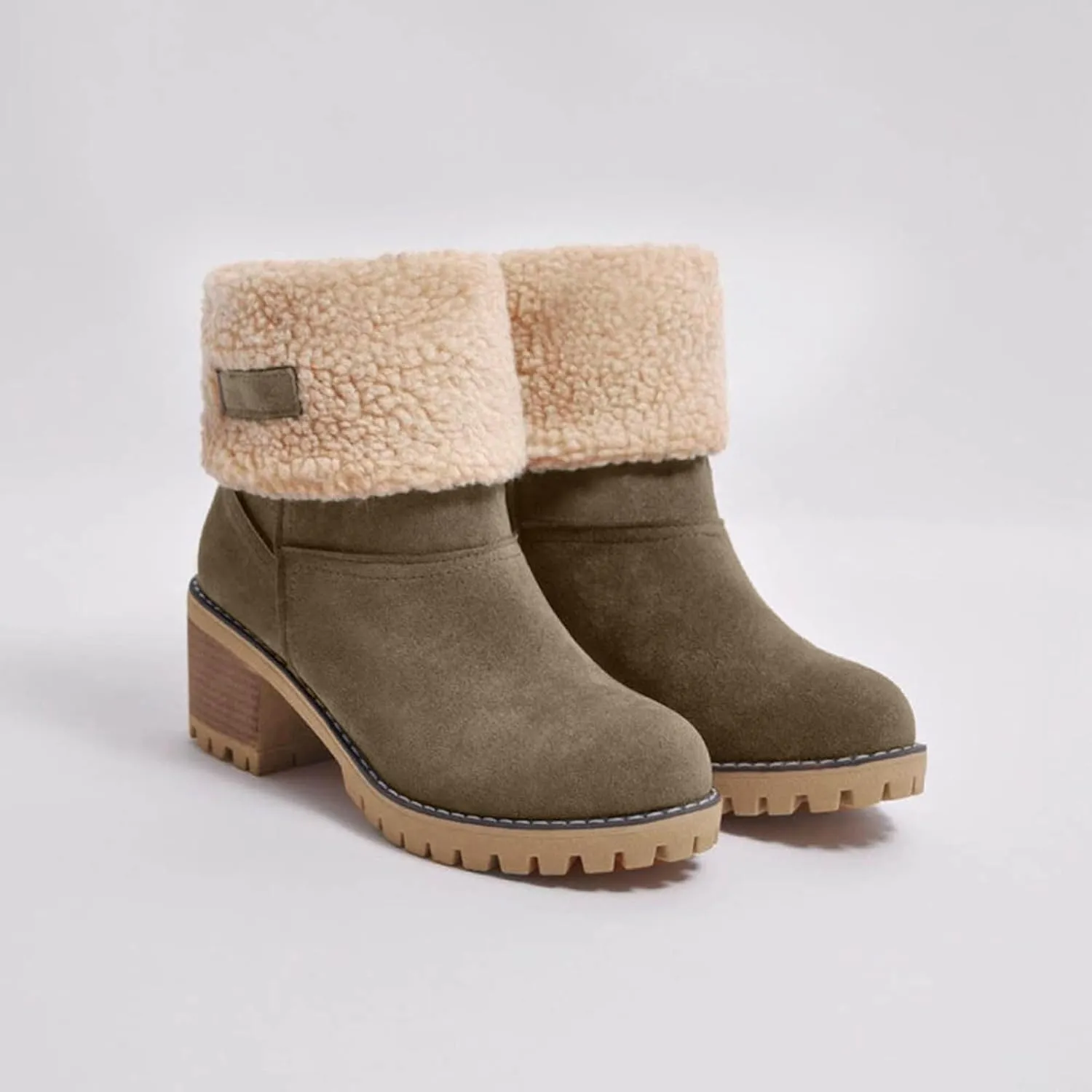 Hbeylia Dotmalls Boots for Women Fleece Lined Mid Calf Boots Chunky Block Heels Comfortable Slip On Warm Snow Ankle Boots Fashion Suede Winter Outdoor Winter Boots Shoes