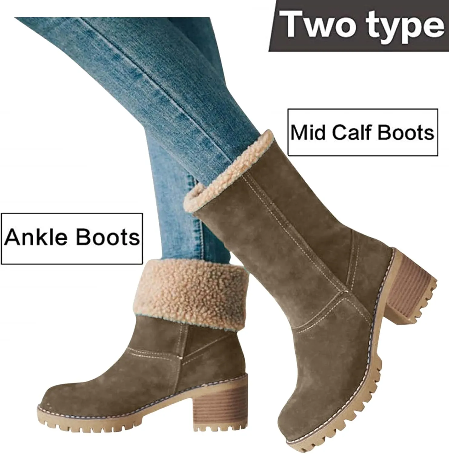 Hbeylia Dotmalls Boots for Women Fleece Lined Mid Calf Boots Chunky Block Heels Comfortable Slip On Warm Snow Ankle Boots Fashion Suede Winter Outdoor Winter Boots Shoes