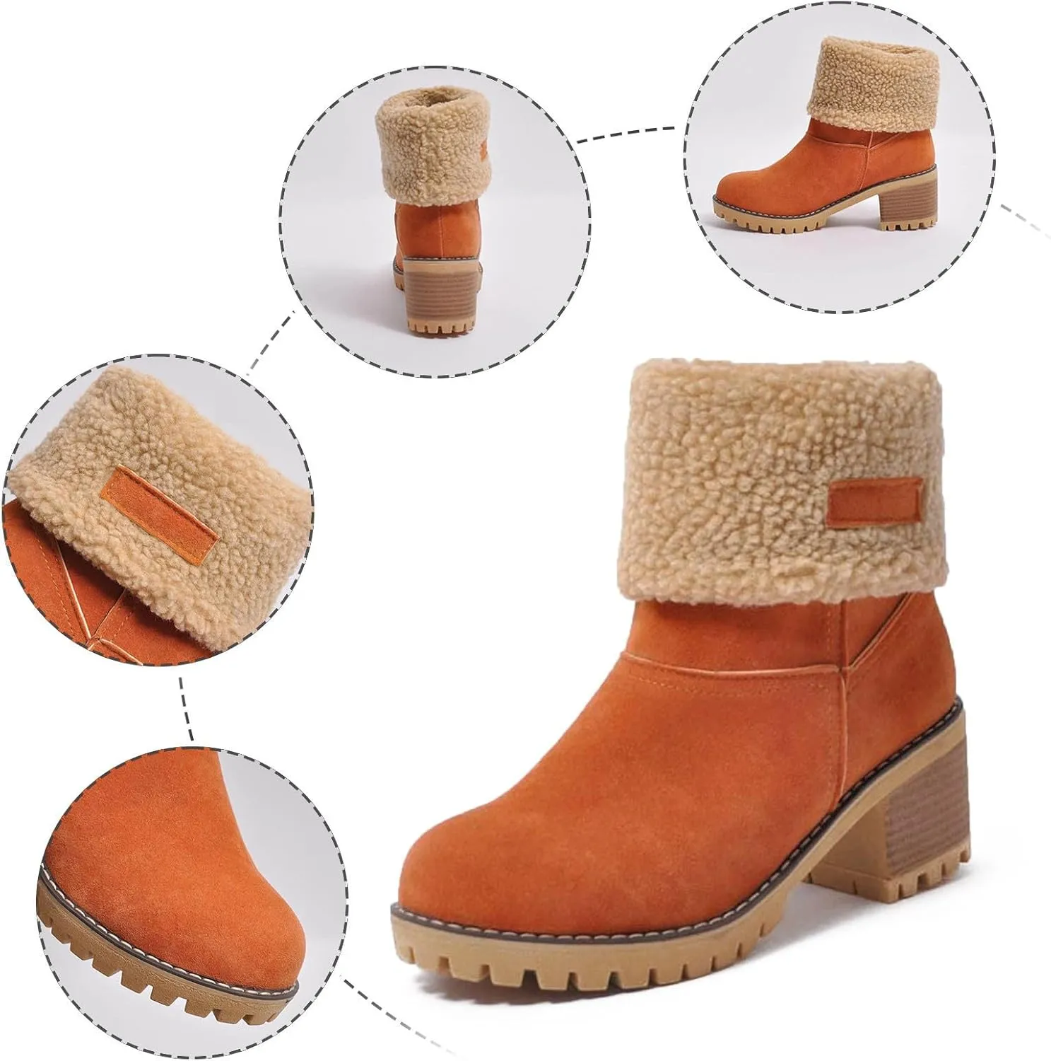Hbeylia Dotmalls Boots for Women Fleece Lined Mid Calf Boots Chunky Block Heels Comfortable Slip On Warm Snow Ankle Boots Fashion Suede Winter Outdoor Winter Boots Shoes