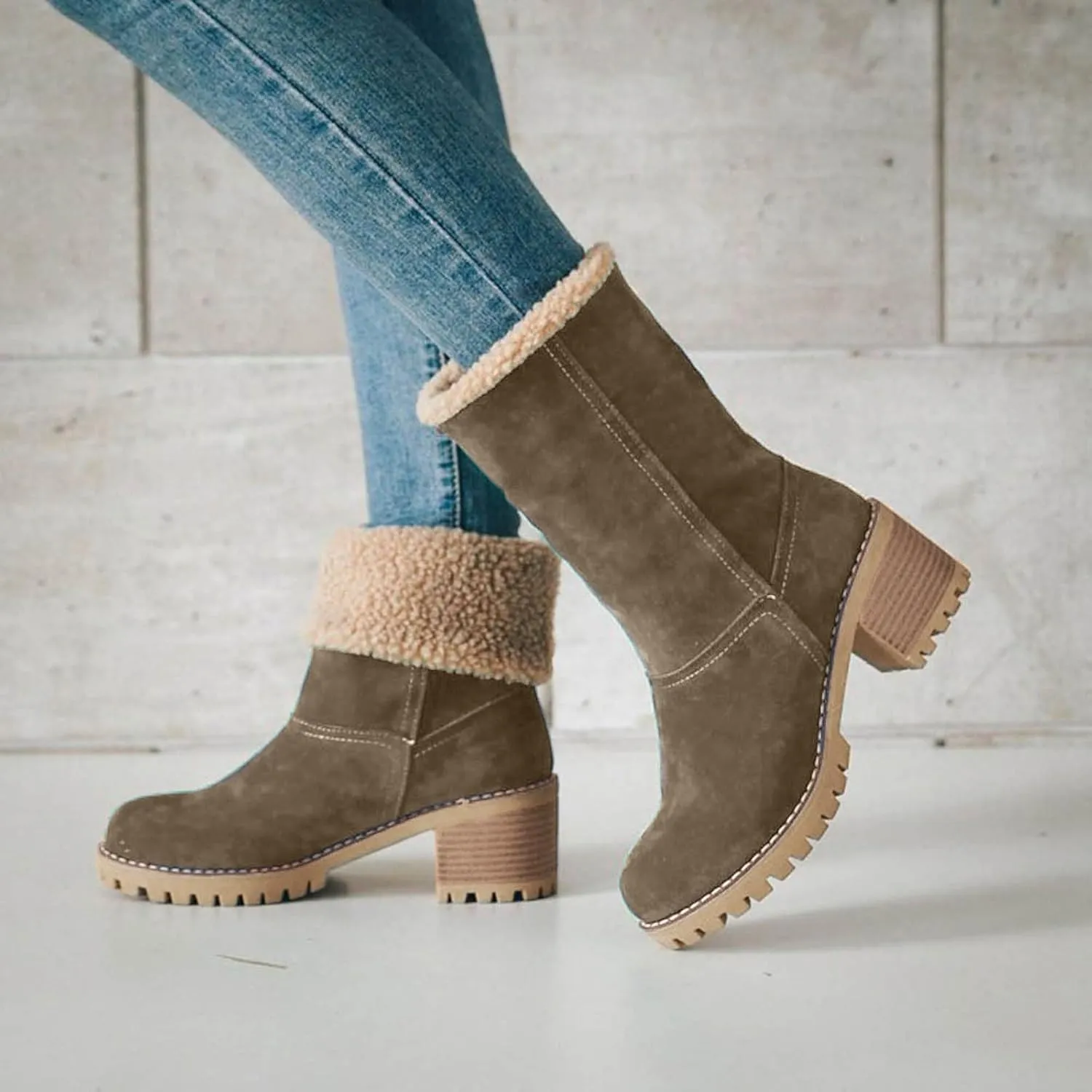 Hbeylia Dotmalls Boots for Women Fleece Lined Mid Calf Boots Chunky Block Heels Comfortable Slip On Warm Snow Ankle Boots Fashion Suede Winter Outdoor Winter Boots Shoes