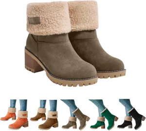 Hbeylia Dotmalls Boots for Women Fleece Lined Mid Calf Boots Chunky Block Heels Comfortable Slip On Warm Snow Ankle Boots Fashion Suede Winter Outdoor Winter Boots Shoes