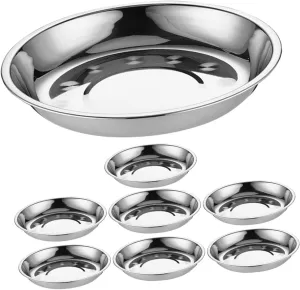 Healifty 8Pcs Stainless Steel Round Food Serving Plates Bbq Trays for Camping Outdoor Dining for Snacks Fruits Steak More Heavy Duty Kitchen Dishes