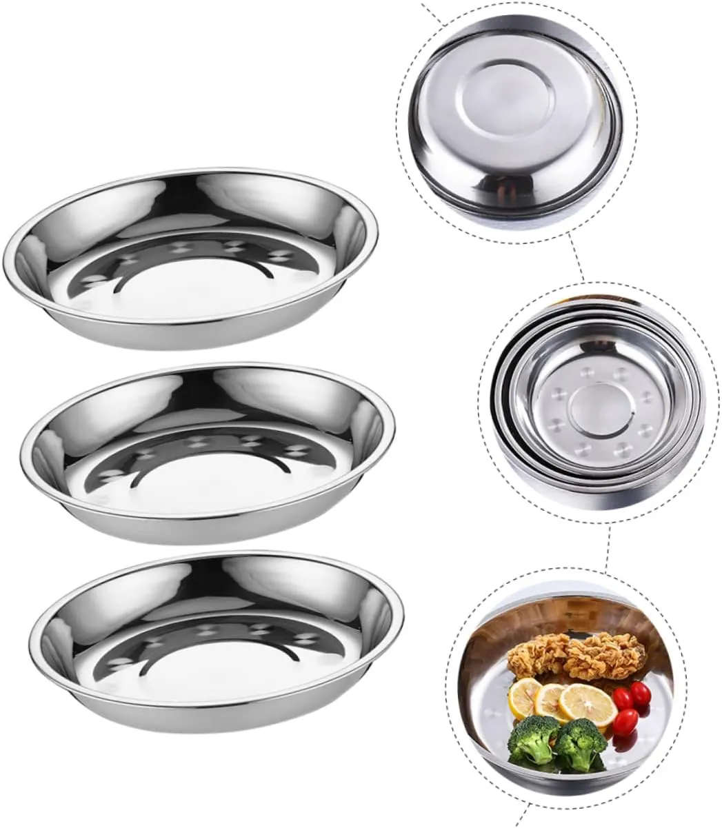 Healifty 8Pcs Stainless Steel Round Food Serving Plates Bbq Trays for Camping Outdoor Dining for Snacks Fruits Steak More Heavy Duty Kitchen Dishes