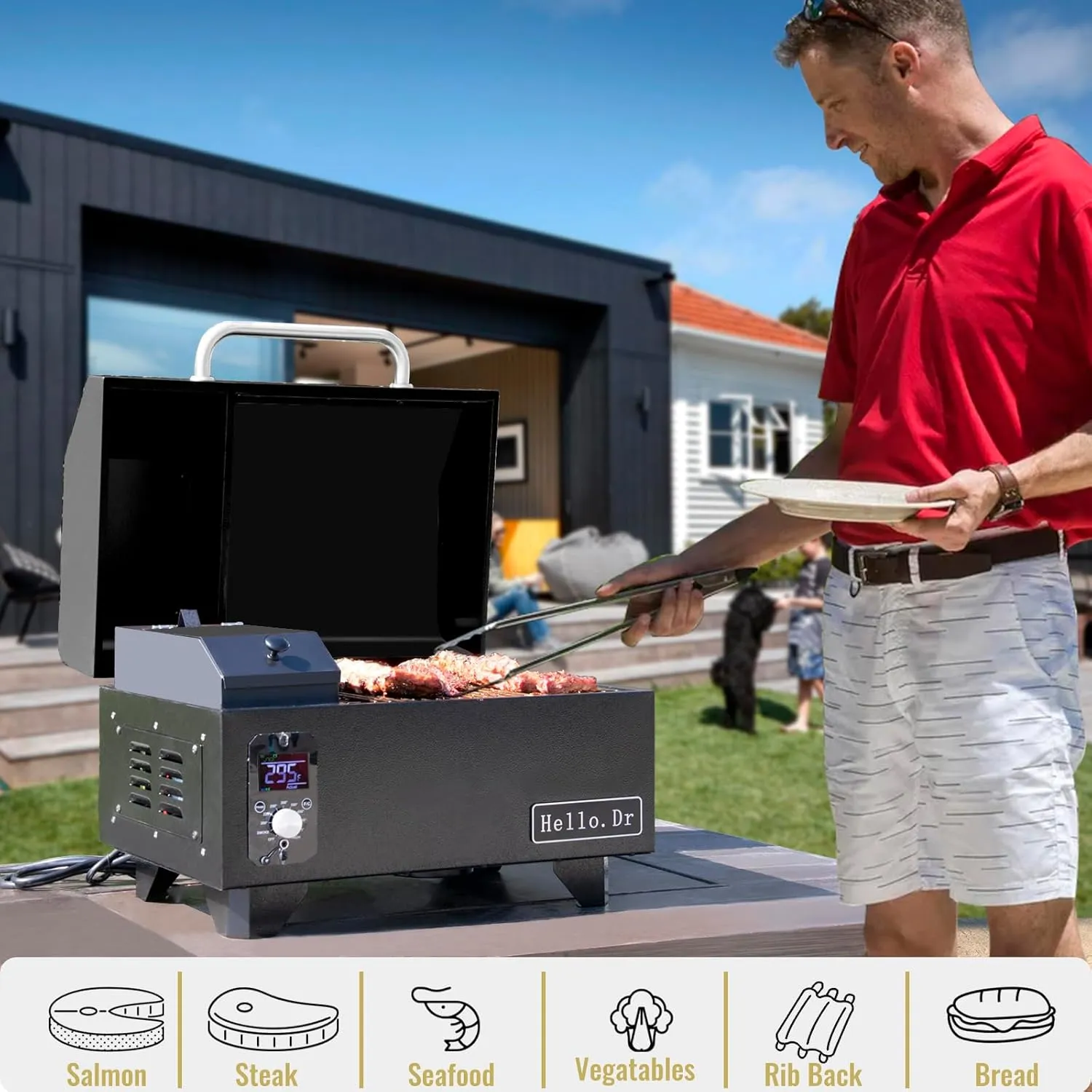 Hello.Dr Pellet Grill, Portable Pellet Smoker, Smoker Grill with Digital Control, LED Screen, Meat Probe, Portable pellet Grills for BBQ, Smoke, Bake and Roast, RV Camping,Black
