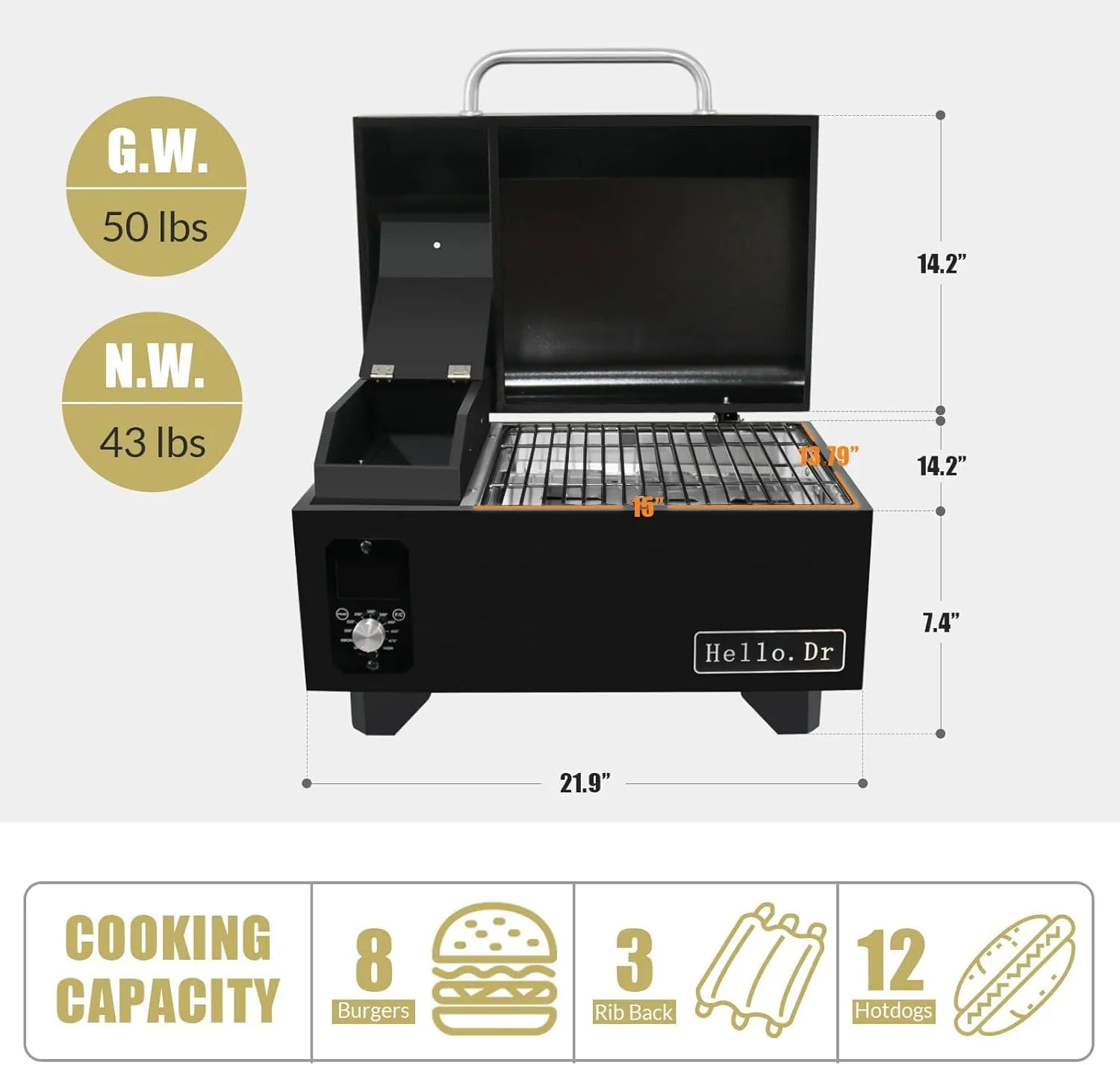 Hello.Dr Pellet Grill, Portable Pellet Smoker, Smoker Grill with Digital Control, LED Screen, Meat Probe, Portable pellet Grills for BBQ, Smoke, Bake and Roast, RV Camping,Black