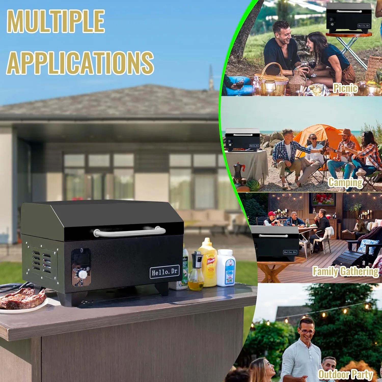 Hello.Dr Pellet Grill, Portable Pellet Smoker, Smoker Grill with Digital Control, LED Screen, Meat Probe, Portable pellet Grills for BBQ, Smoke, Bake and Roast, RV Camping,Black