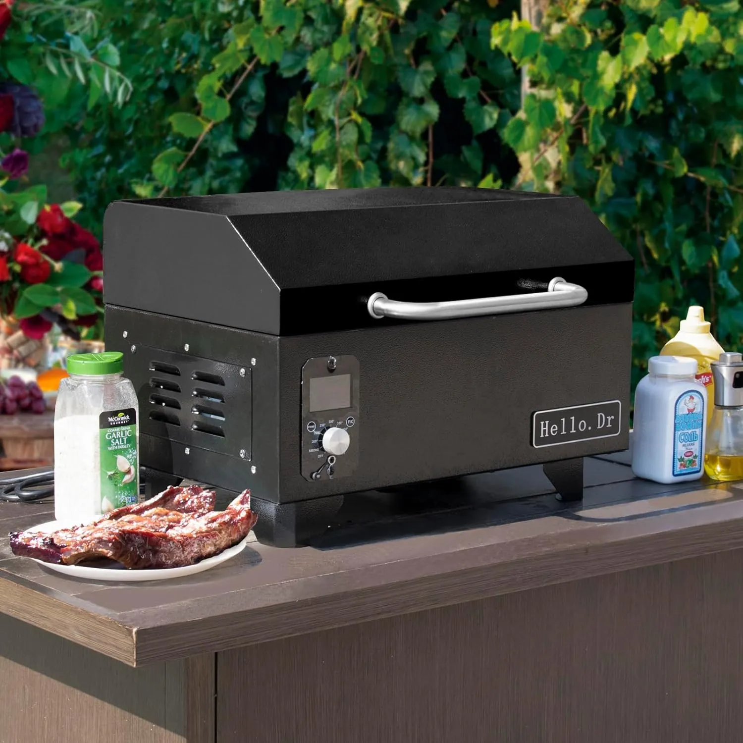 Hello.Dr Pellet Grill, Portable Pellet Smoker, Smoker Grill with Digital Control, LED Screen, Meat Probe, Portable pellet Grills for BBQ, Smoke, Bake and Roast, RV Camping,Black