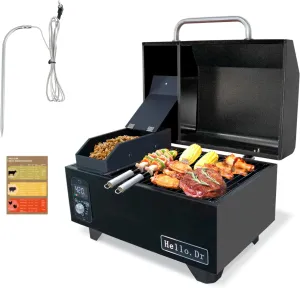Hello.Dr Pellet Grill, Portable Pellet Smoker, Smoker Grill with Digital Control, LED Screen, Meat Probe, Portable pellet Grills for BBQ, Smoke, Bake and Roast, RV Camping,Black