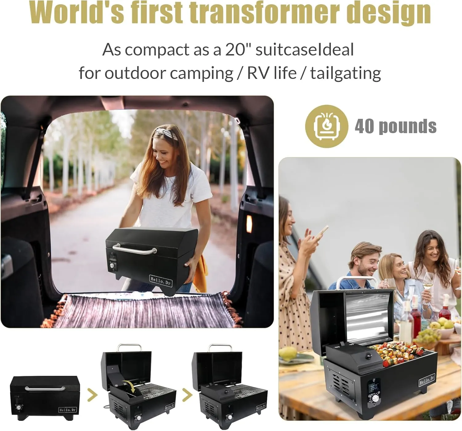 Hello.Dr Pellet Grill, Portable Pellet Smoker, Smoker Grill with Digital Control, LED Screen, Meat Probe, Portable pellet Grills for BBQ, Smoke, Bake and Roast, RV Camping,Black