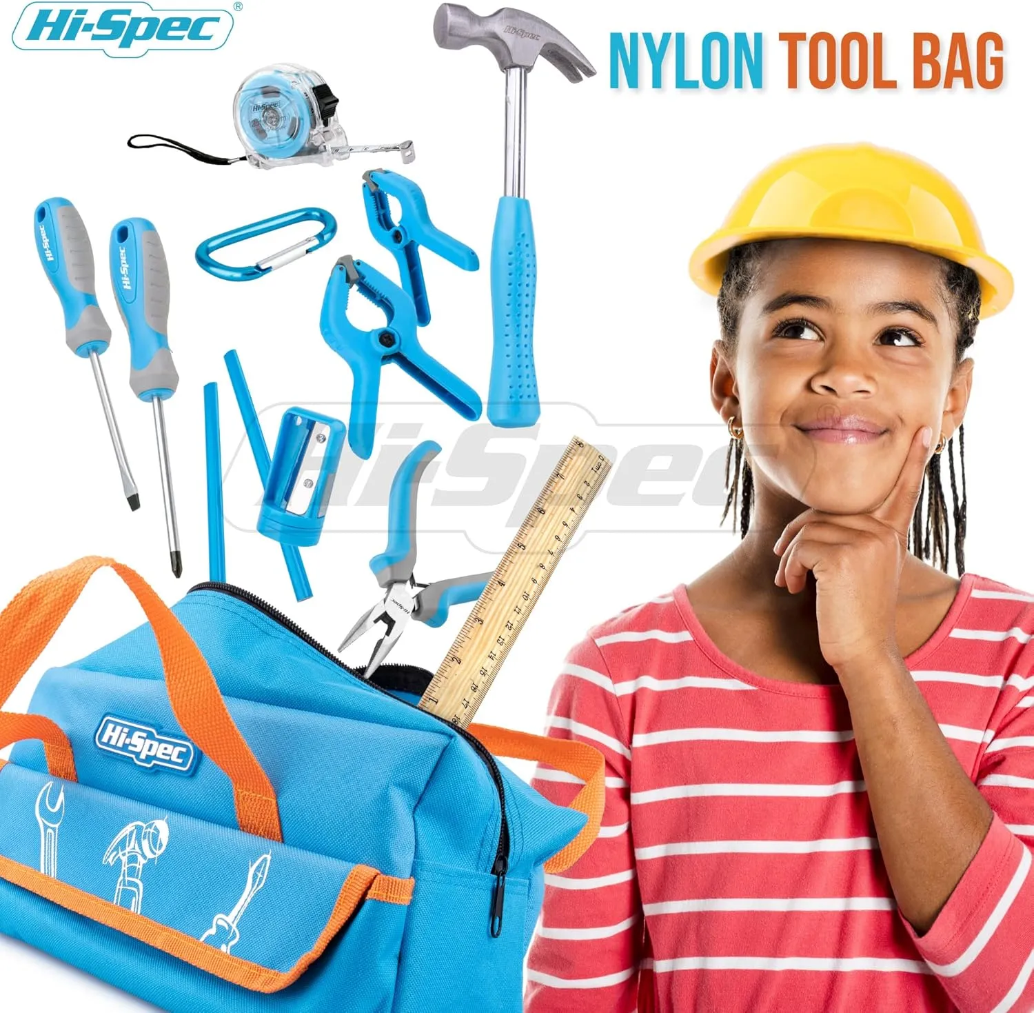 Hi-Spec 18pc Blue Kids Tool Kit Set & Child Size Tool Bag. Real Metal Hand Tools for DIY Building, Woodwork & Construction