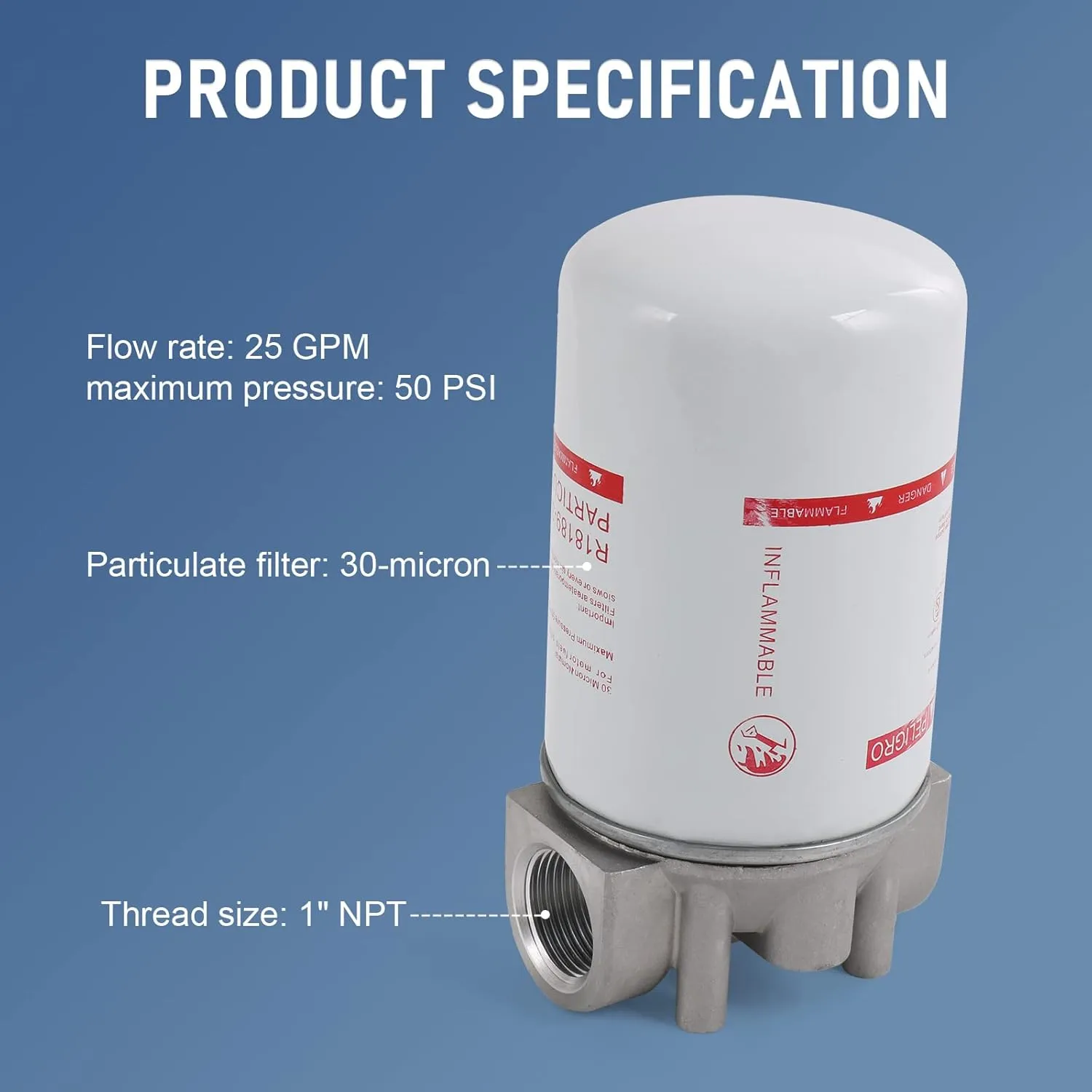 High Flow Fuel Filter, 1” NPT 30 Micron Spin-on Cartridge Style for Mobile and Stationary Fuel Pump Tank Boat