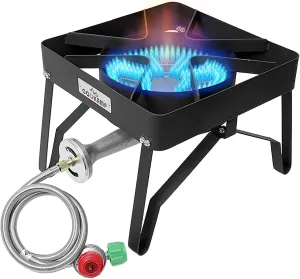 High Pressure 200000 BTU Banjo 1-Burner Outdoor Propane Burner Gas Cooker with 0-30 PSI Adjustable Regulator and Steel Braided Hose (Balck) SA1250