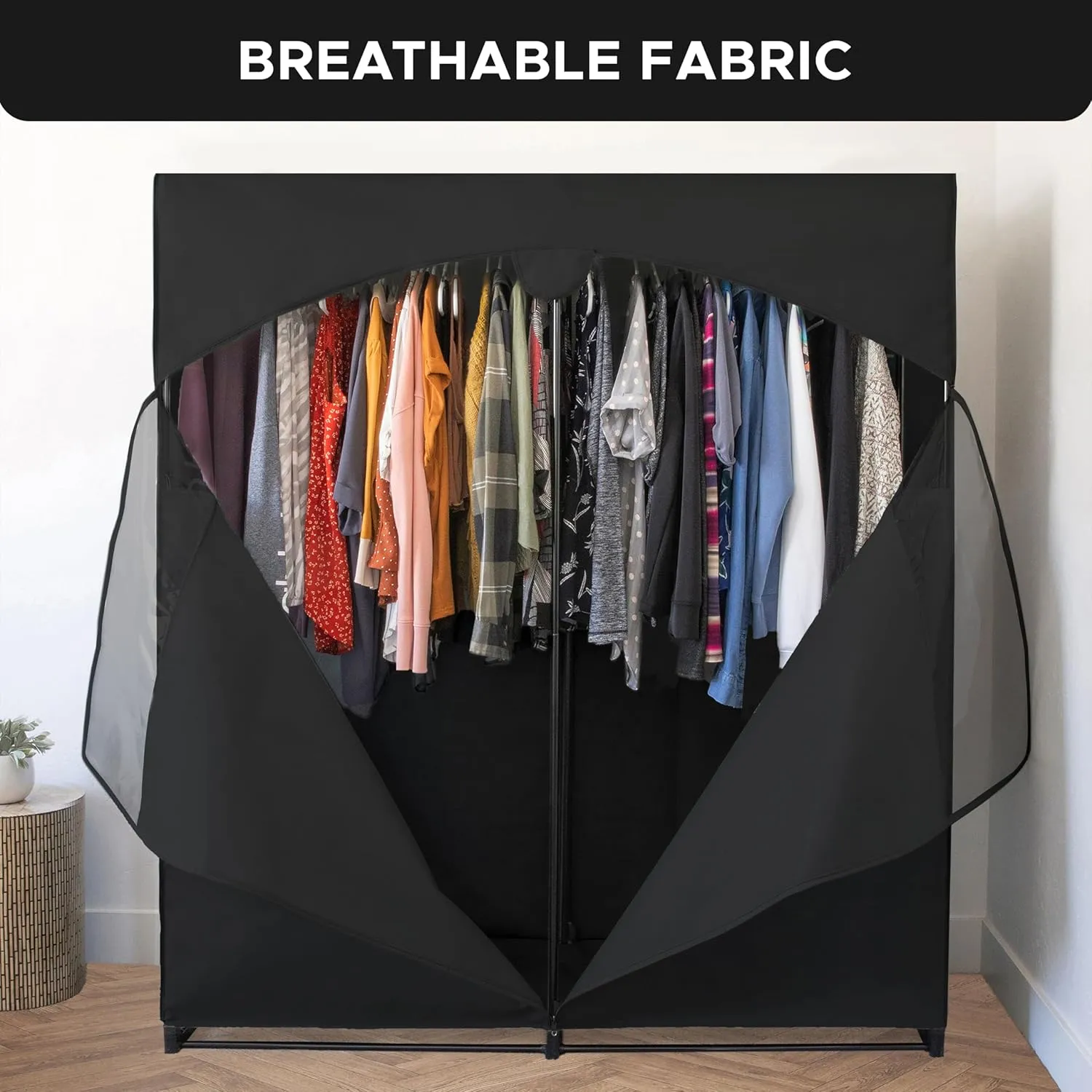 HOLDN’ STORAGE Portable Wardrobe Closet, Large - Premium Heavy Duty Metal Hanging Rod with Black Cover- 50 Lb. Weight Capacity- Super Easy Assembly, No Tools Required