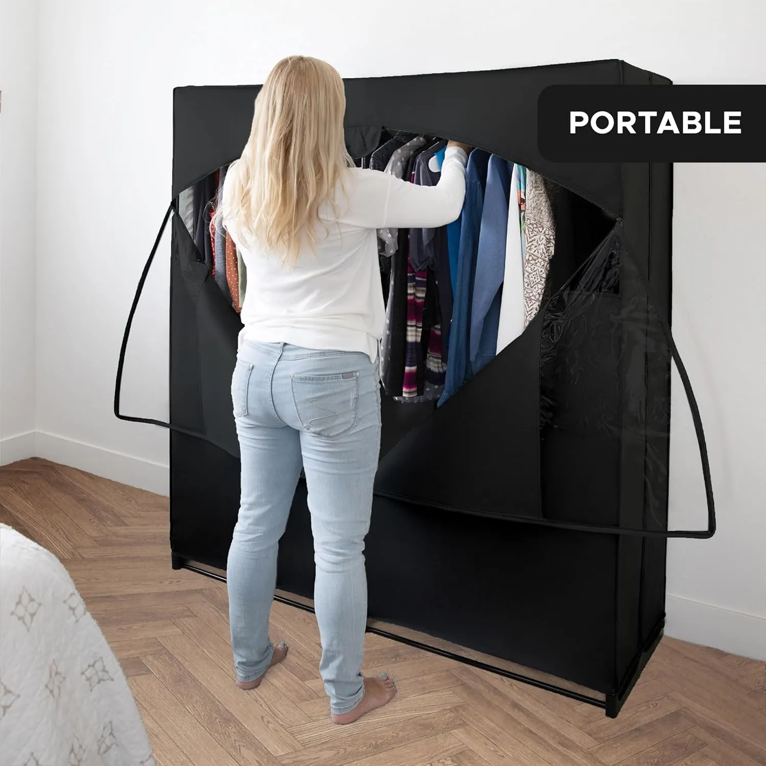 HOLDN’ STORAGE Portable Wardrobe Closet, Large - Premium Heavy Duty Metal Hanging Rod with Black Cover- 50 Lb. Weight Capacity- Super Easy Assembly, No Tools Required