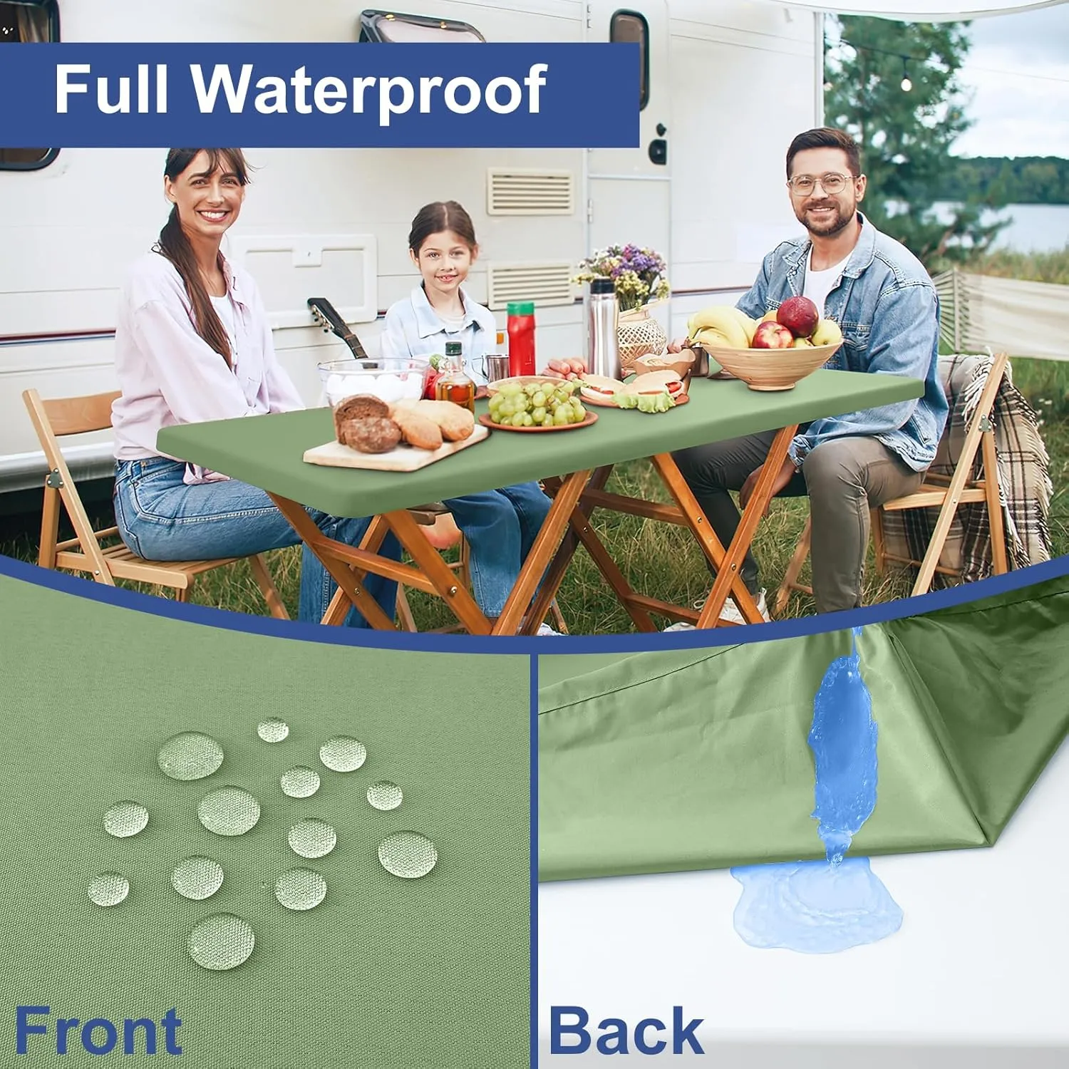 homing 2 Pack Rectangle Fully Waterproof Tablecloth, Elastic Fitted Fabric Table Cover for 6 Foot Tables, Washable Polyester Table Cloth for Picnic, Camping, Outdoor (Sage Green, 30" x 72")