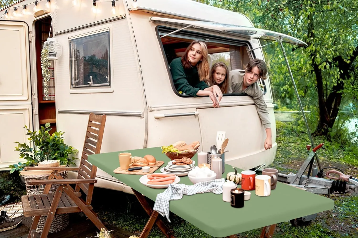 homing 2 Pack Rectangle Fully Waterproof Tablecloth, Elastic Fitted Fabric Table Cover for 6 Foot Tables, Washable Polyester Table Cloth for Picnic, Camping, Outdoor (Sage Green, 30" x 72")