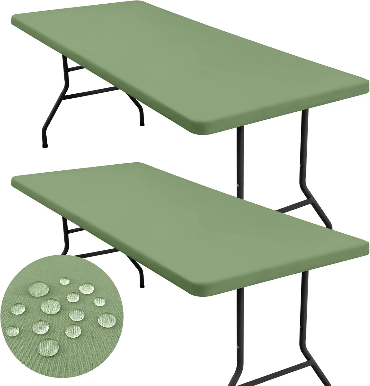 homing 2 Pack Rectangle Fully Waterproof Tablecloth, Elastic Fitted Fabric Table Cover for 6 Foot Tables, Washable Polyester Table Cloth for Picnic, Camping, Outdoor (Sage Green, 30" x 72")