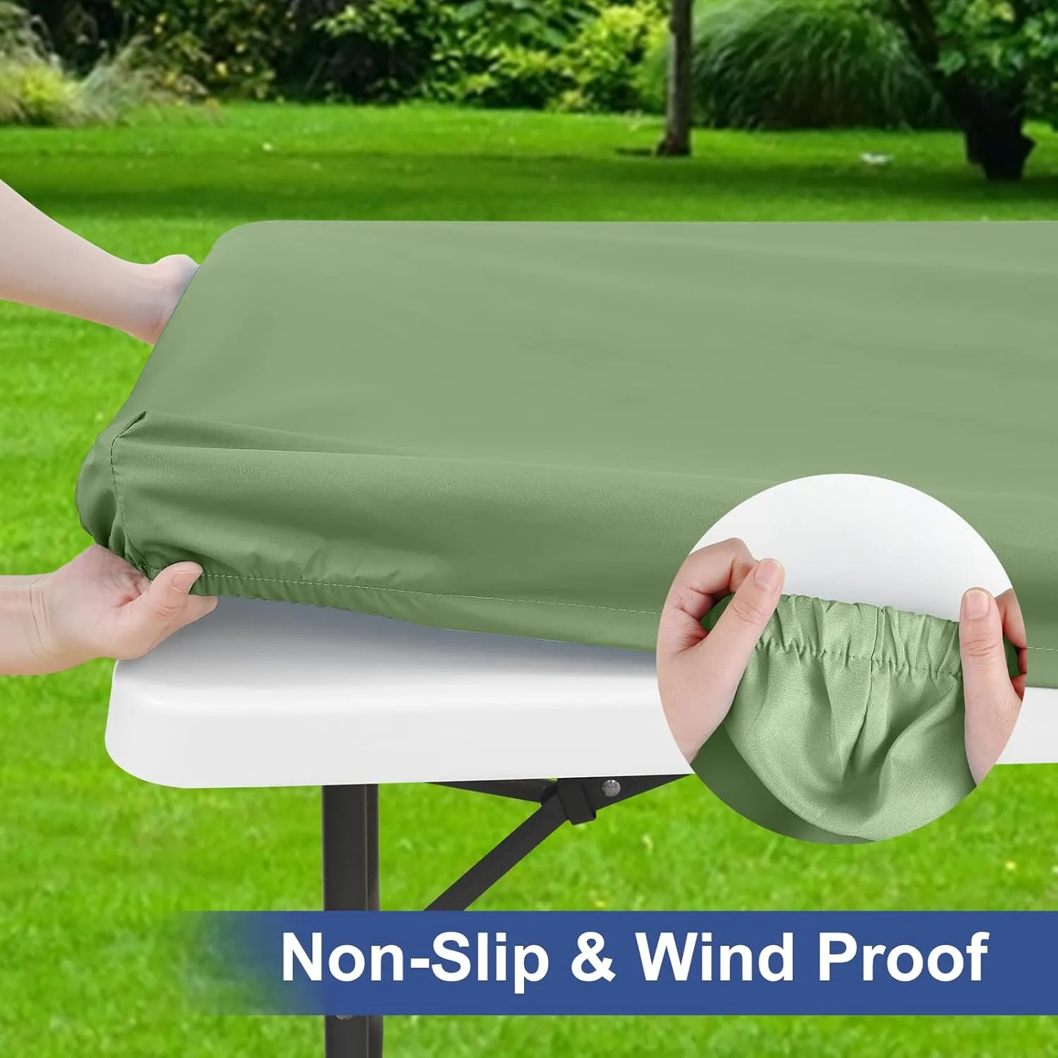 homing 2 Pack Rectangle Fully Waterproof Tablecloth, Elastic Fitted Fabric Table Cover for 6 Foot Tables, Washable Polyester Table Cloth for Picnic, Camping, Outdoor (Sage Green, 30" x 72")