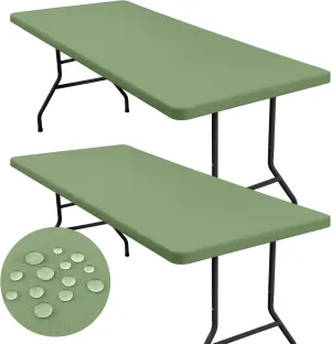 homing 2 Pack Rectangle Fully Waterproof Tablecloth, Elastic Fitted Fabric Table Cover for 6 Foot Tables, Washable Polyester Table Cloth for Picnic, Camping, Outdoor (Sage Green, 30" x 72")