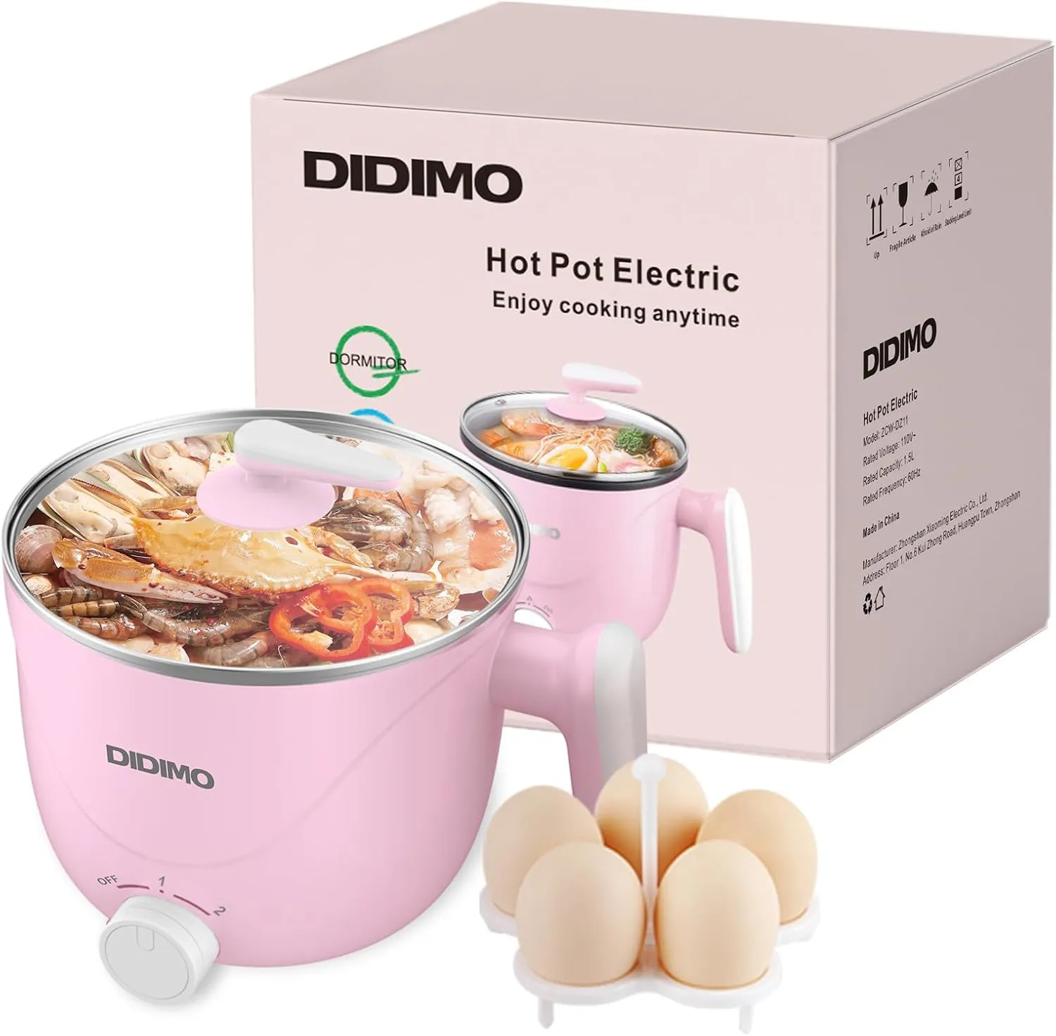 Hot Pot Electric, 1.5L Pink Portable Ramen Cooker with Over-Heating/Boil Dry Protection, Mini Hot Pot for Ramen, Egg, Pasta, Dumpling, Soup, Porridge, Oatmeal