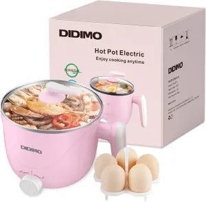 Hot Pot Electric, 1.5L Pink Portable Ramen Cooker with Over-Heating/Boil Dry Protection, Mini Hot Pot for Ramen, Egg, Pasta, Dumpling, Soup, Porridge, Oatmeal