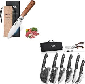 Huusk Serbian Chef Knife Set - 6Pcs Bundle with a Japanese Santoku Knife,Viking Boning Knives with Bag for Kitchen Outdoor BBQ Camping,Birthday Gift Idea Men