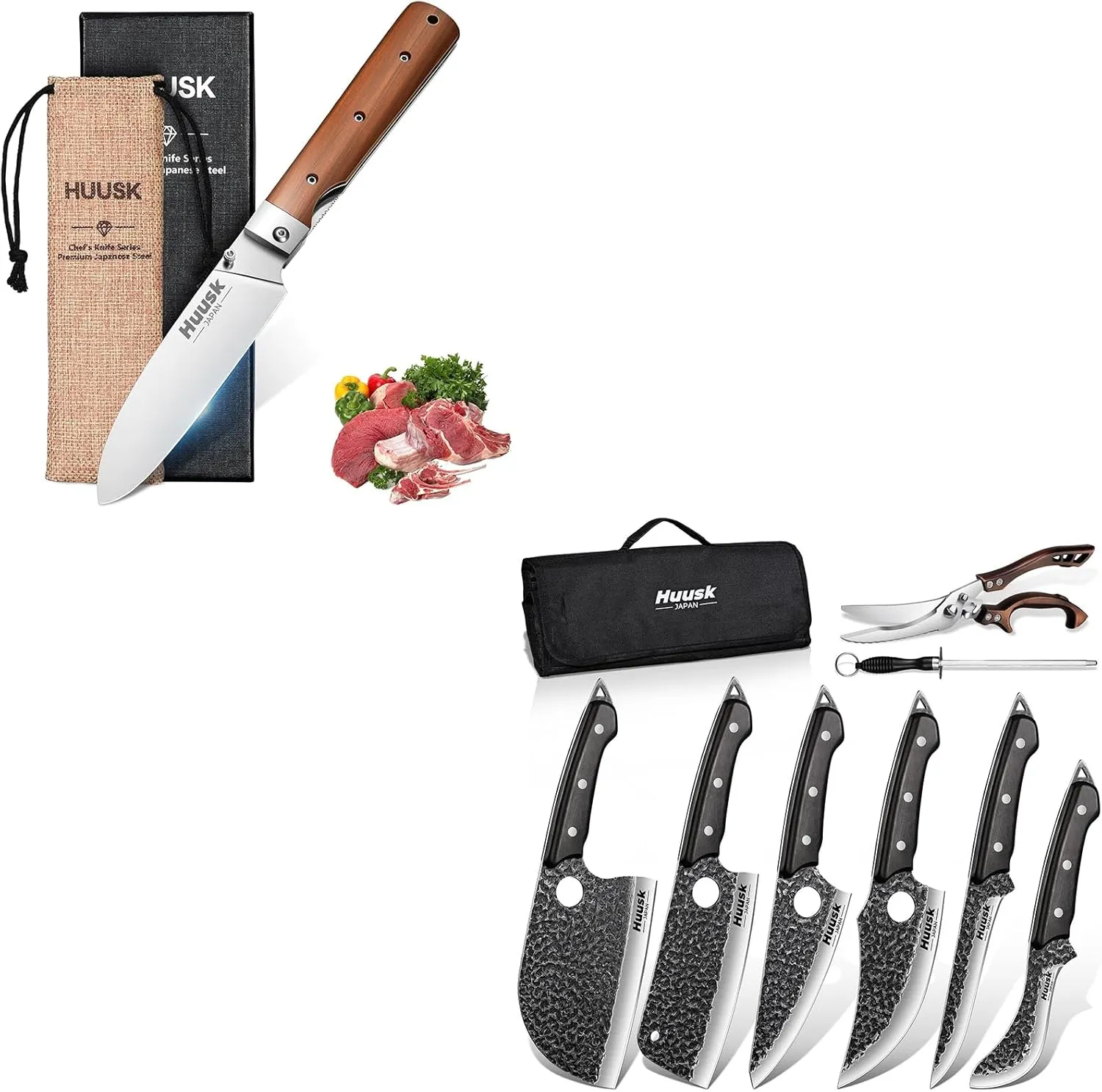 Huusk Serbian Chef Knife Set - 6Pcs Bundle with a Japanese Santoku Knife,Viking Boning Knives with Bag for Kitchen Outdoor BBQ Camping,Birthday Gift Idea Men