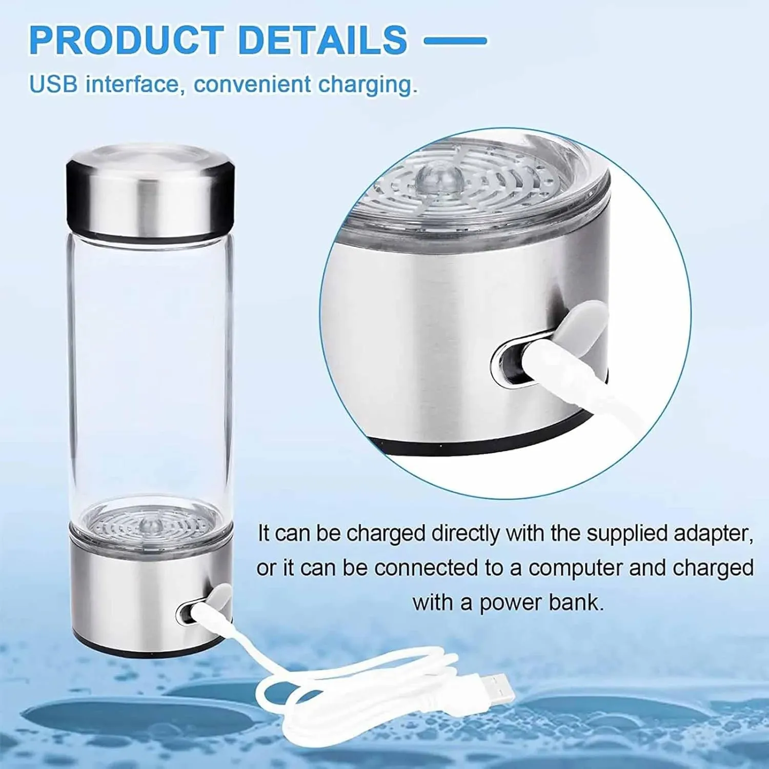 Hydrogen Rich Water Bottle, lonizer Alkaline Generator, Portable Healthy Cup, USB Rechargeable Anti-Aging Hydrogen Water Bottle, 1600ppb High Concentration