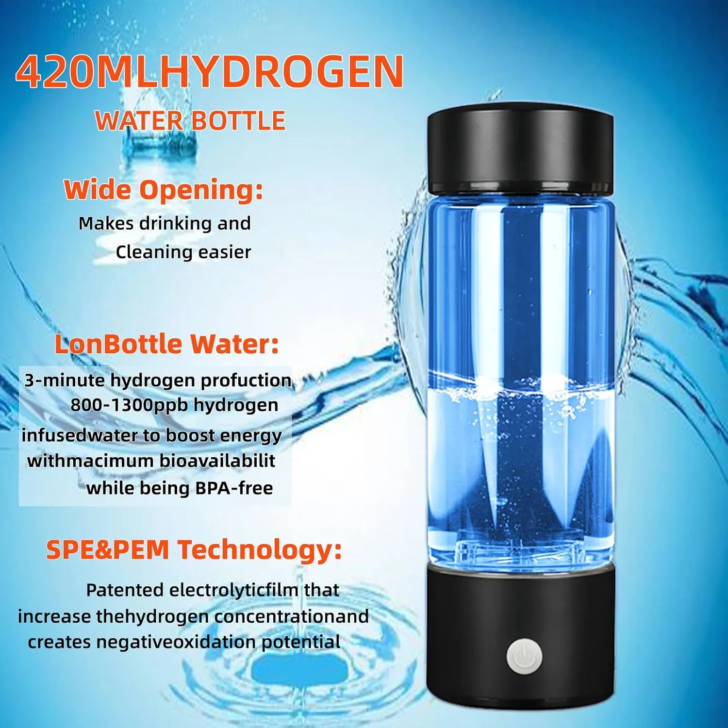 Hydrogen Water Bottle Generator 3 In1,SPE/PEM Water Ionizer,Glass Hydrogenated Rich Water Bottles, Premium Alkaline Water Hydrogen Water Machine Filter Pitcher Gift for Office/Home/Travel Women/Men