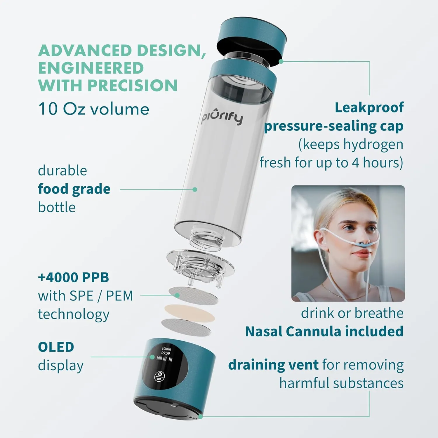 Hydrogen Water Bottle Generator - Up to 4100  PPB Concentration - SPE/PEM Technology - Certified H2 Generator - Portable Athletic Performance & Hydration System - 6-Hour Hydrogen Retention