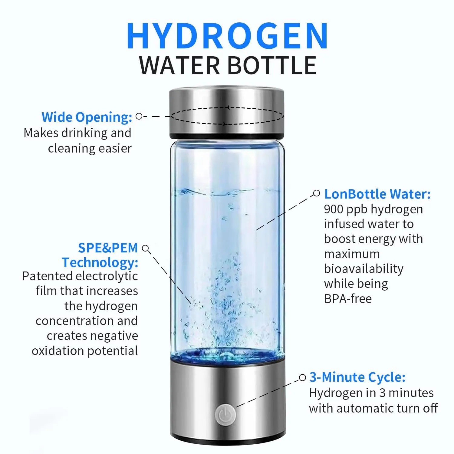Hydrogen Water Bottle, Portable Hydrogen Water Ionizer Machine, Hydrogen Water Generator, Rechargeable Hydrogen Rich Water Glass Health Cup for Home Travel (Silver).