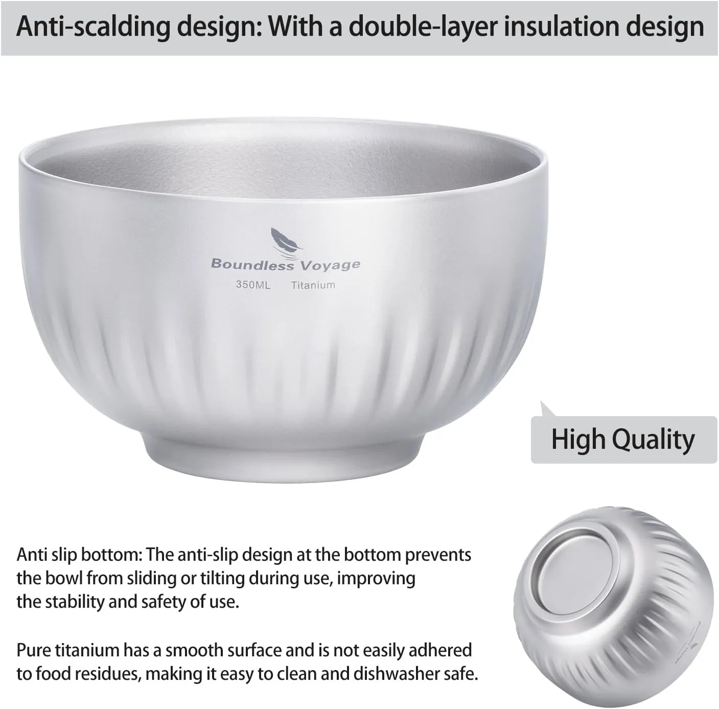iBasingo 350ml Titanium Camping Bowl Double Wall Insulated Soup Bowl Ultralight Durable Portable Oatmeal, Rice, Food Tableware for Outdoor Backpacking, Hiking, Travel Ti1164T