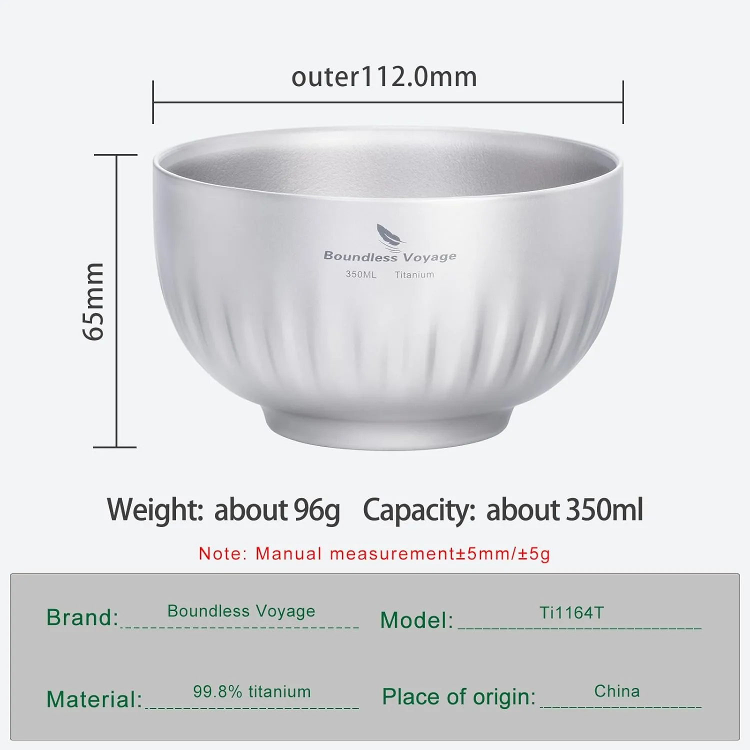 iBasingo 350ml Titanium Camping Bowl Double Wall Insulated Soup Bowl Ultralight Durable Portable Oatmeal, Rice, Food Tableware for Outdoor Backpacking, Hiking, Travel Ti1164T