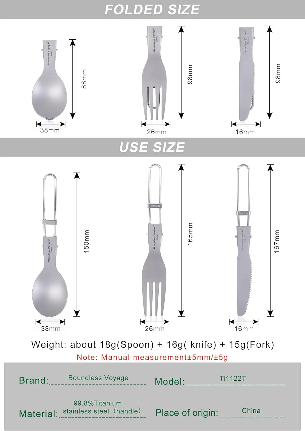 iBasingo Titanium Spork Spoon Fork Knife with Folding Handle Ultralight Dinnerware Utensils for Camping Outdoor Picnic Hiking Travel Home use